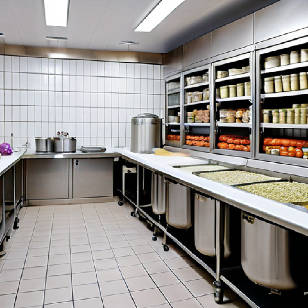 **A well-organized fermentation workspace:** Focus on a clean and sanitized fermentation workspace. Include stainless steel equipment, ceramic tiled walls, proper ventilation systems, and containers of fermenting vegetables. Capture the essence of hygiene and order essential for food production, highlighting GHP and GMP principles.