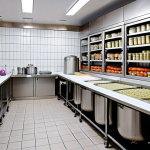**A well-organized fermentation workspace:** Focus on a clean and sanitized fermentation workspace. Include stainless steel equipment, ceramic tiled walls, proper ventilation systems, and containers of fermenting vegetables. Capture the essence of hygiene and order essential for food production, highlighting GHP and GMP principles.