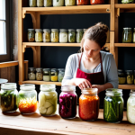 **

A cozy, rustic fermentation workshop in a city setting. Jars filled with colorful fermented vegetables (like sauerkraut with cranberries or pickled cucumbers with dill) line wooden shelves. Soft, natural light streams in. In the background, a workshop participant is adding spices to a batch of fermenting vegetables. Focus on the textures of the wood, glass, and vegetables.  "Hygge" style with a slightly "vintage" look.

**