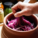 A close-up shot of an artisan's hands carefully placing fresh, vibrant, locally sourced vegetables (like cabbage or beets) into a traditional ceramic fermentation crock, with other prepared ingredients visible. Bottles of bubbling kombucha or jars of various ferments are subtly blurred in the background, suggesting a lively workshop setting. Soft, natural light illuminates the scene, emphasizing the authentic craftsmanship, passion, and high quality of the handmade products.