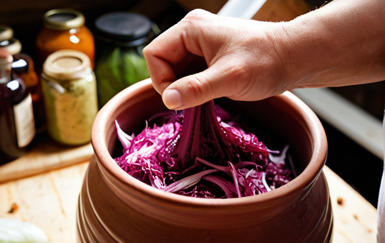 A close-up shot of an artisan's hands carefully placing fresh, vibrant, locally sourced vegetables (like cabbage or beets) into a traditional ceramic fermentation crock, with other prepared ingredients visible. Bottles of bubbling kombucha or jars of various ferments are subtly blurred in the background, suggesting a lively workshop setting. Soft, natural light illuminates the scene, emphasizing the authentic craftsmanship, passion, and high quality of the handmade products.