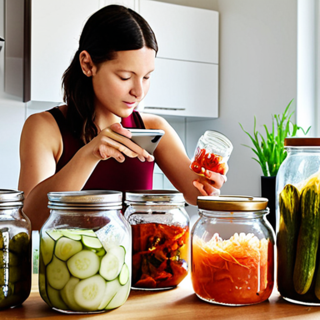 **"A modern, bright urban kitchen with clean lines and minimalist design. On a sleek countertop, an array of glass jars filled with various vibrant fermented foods – including traditional Polish pickled cucumbers and cabbage, colorful kimchi, and a bubbling kombucha SCOBY – are neatly arranged. A person's hands are interacting with a tablet or smartphone, which displays a detailed fermentation tracking app showing temperature, humidity, and time graphs. Subtle, high-tech sensors are visibly attached to some of the jars, symbolizing precision and control. The scene should convey the seamless integration of technology into traditional home food preservation in a compact city living space. Bright, natural light illuminates the scene, emphasizing the freshness and clarity of the fermenting ingredients. Photorealistic, high detail."**
