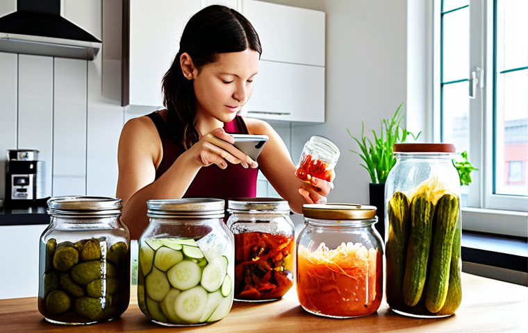 **"A modern, bright urban kitchen with clean lines and minimalist design. On a sleek countertop, an array of glass jars filled with various vibrant fermented foods – including traditional Polish pickled cucumbers and cabbage, colorful kimchi, and a bubbling kombucha SCOBY – are neatly arranged. A person's hands are interacting with a tablet or smartphone, which displays a detailed fermentation tracking app showing temperature, humidity, and time graphs. Subtle, high-tech sensors are visibly attached to some of the jars, symbolizing precision and control. The scene should convey the seamless integration of technology into traditional home food preservation in a compact city living space. Bright, natural light illuminates the scene, emphasizing the freshness and clarity of the fermenting ingredients. Photorealistic, high detail."**