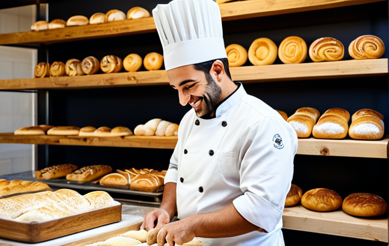 Authentic Bakery Storytelling** "A warm and inviting bakery interior, showcasing a diverse range of breads and pastries displayed on wooden shelves. In the background, a baker with a friendly smile, fully clothed in a professional chef's uniform, is carefully shaping dough. Focus on natural light and a rustic aesthetic. Include elements suggesting a family history and dedication to traditional methods. Safe for work, appropriate content, fully clothed, professional photography, perfect anatomy, natural proportions, modest attire." **