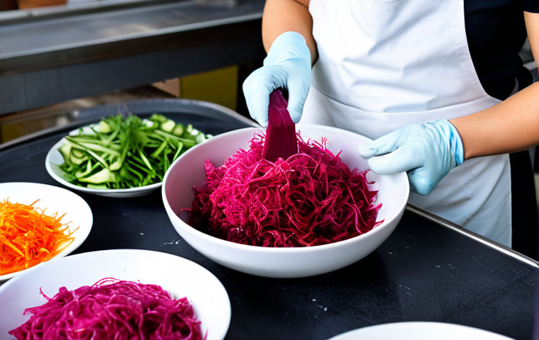 Innovative Kimchi Creation** "A vibrant, close-up shot of a Polish fermenter carefully adding grated beetroot to a batch of kimchi in a modern workshop setting, wearing an apron and gloves, surrounded by fresh, locally sourced vegetables. Focus on the bright colours and the unique twist on a classic fermentation. Safe for work, appropriate content, fully clothed, professional, food photography, high quality, perfect anatomy, natural proportions." **