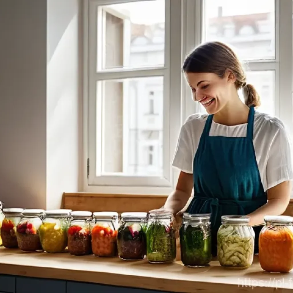 도시 발효실 운영 관련 세미나 및 워크숍 - **Urban Fermentation Joy**: A brightly lit, cozy modern kitchen in a Polish city apartment. A young ...
