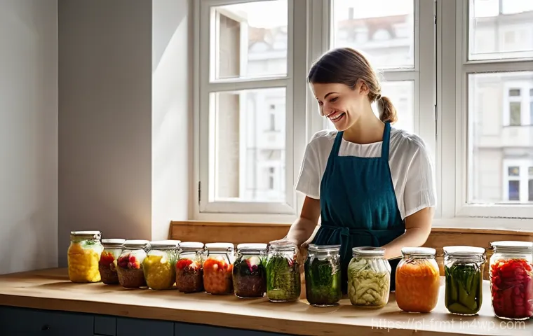 도시 발효실 운영 관련 세미나 및 워크숍 - **Urban Fermentation Joy**: A brightly lit, cozy modern kitchen in a Polish city apartment. A young ...