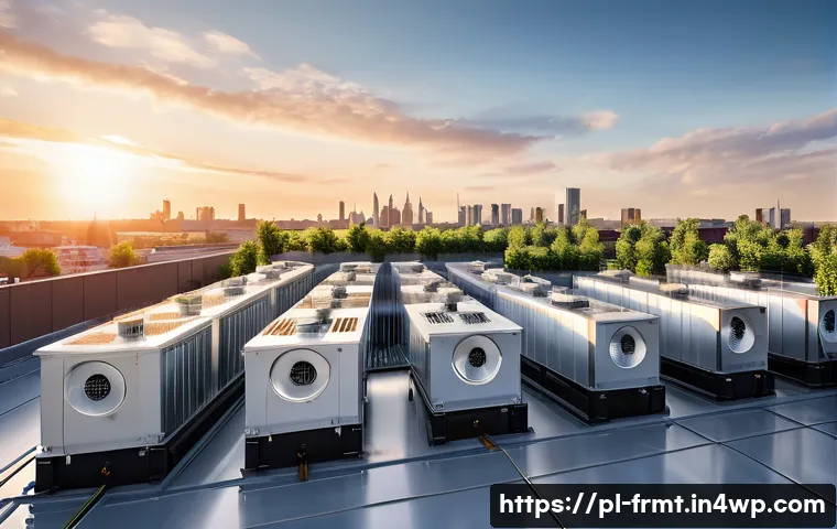 도시 발효실 운영 시 고려할 환경 문제 - A modern urban fermentation facility rooftop scene at sunset, showcasing strategically placed ventil...