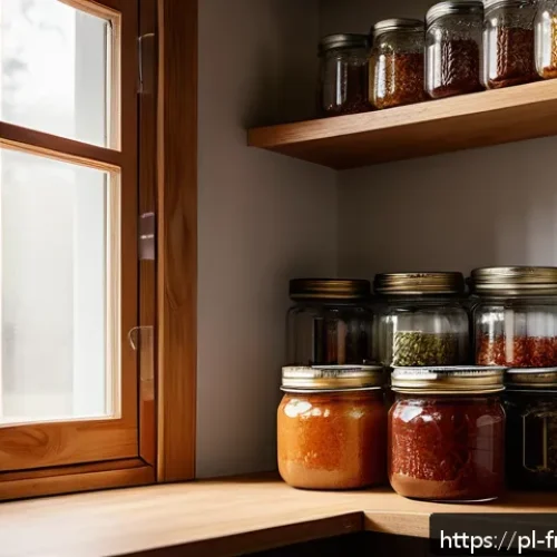Home 30 도시 발효실에서 활용할 수 있는 도구들 - A cozy home fermentation corner featuring wooden and metal shelves neatly organized with glass jars ...