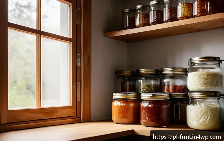 도시 발효실에서 활용할 수 있는 도구들 - A cozy home fermentation corner featuring wooden and metal shelves neatly organized with glass jars ...